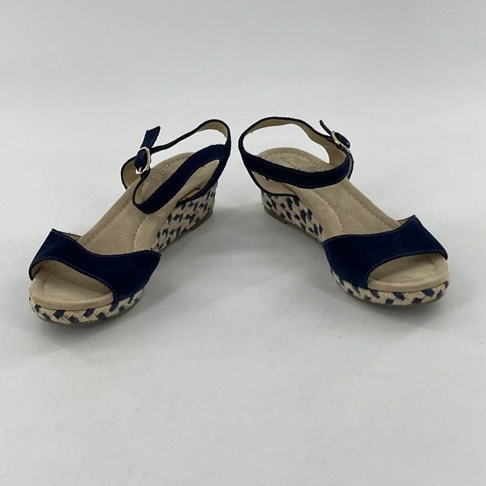Lands End Espadrille Sandal Womens 7 Wedge Slingback Open Toe Blue Suede Chevron